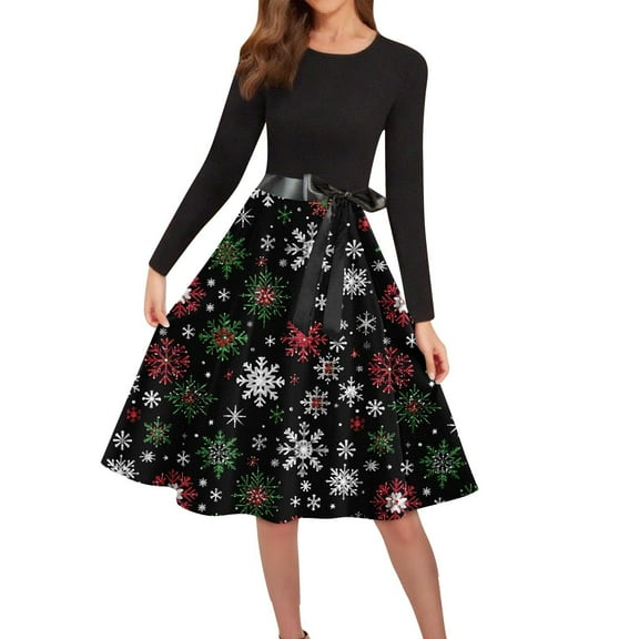 Women's Cocktail Dresses Christmas Print Wrap Long Sleeve Cocktail Dress Pleated A Line Fit and Flare Wedding Guest Dress