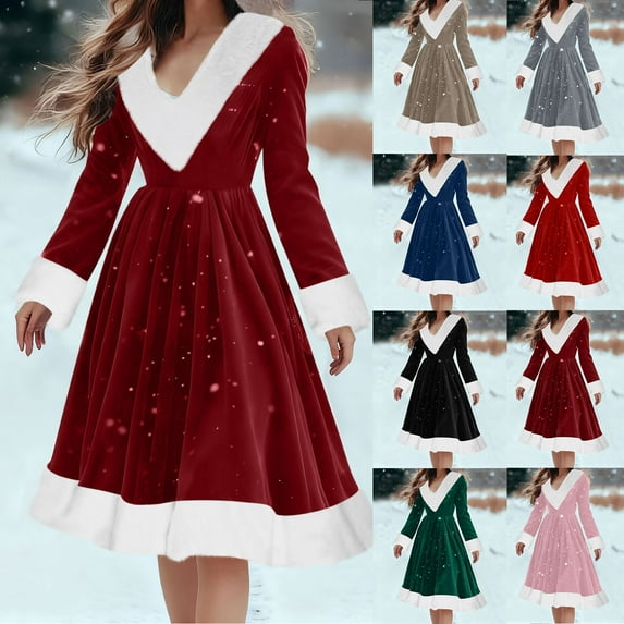 Women's Cocktail Dresses Faux Fur Collar Velvet Dress Christmas Party Dresses V-Neck Long Sleeve Midi Dress