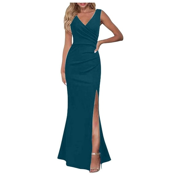 Women's Cocktail Dresses Ladies Elegant Sleeveless V Neck Split Evening Gown Long Dress Evening Dresses Sky Blue L