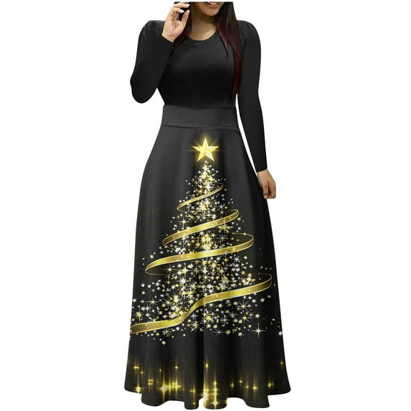 Women's Cocktail Dresses Long Sleeve Maxi Dress Crew Neck Wedding Guest Christmas Graphic Bodycon Formal Dresses