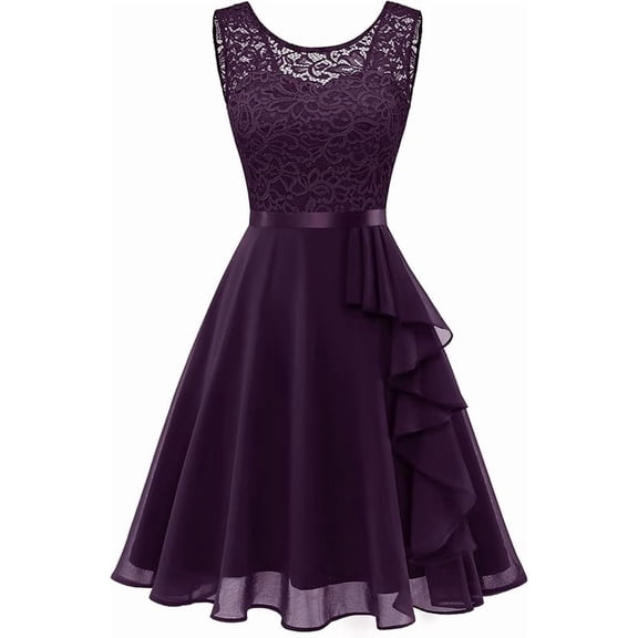 Women's Cocktail Dresses Prom Wedding Guest Short Bridesmaid Dresses Ruffle Hem Sleeveless Lace Formal Dress