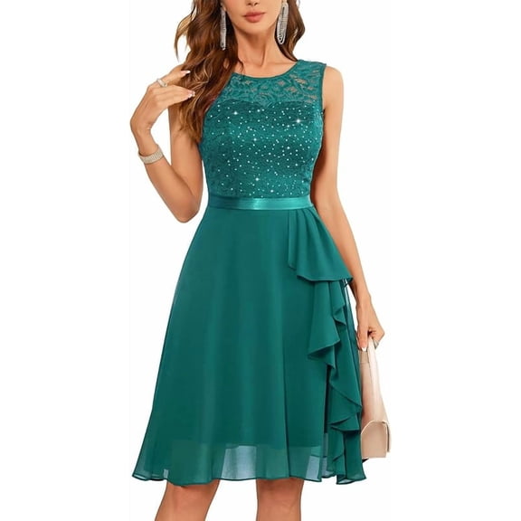 Women's Cocktail Dresses Prom Wedding Guest Short Bridesmaid Dresses Ruffle Hem Sleeveless Lace Formal Dress