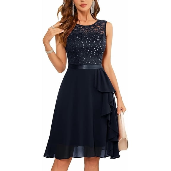 Women's Cocktail Dresses Prom Wedding Guest Short Bridesmaid Dresses Ruffle Hem Sleeveless Lace Formal Dress