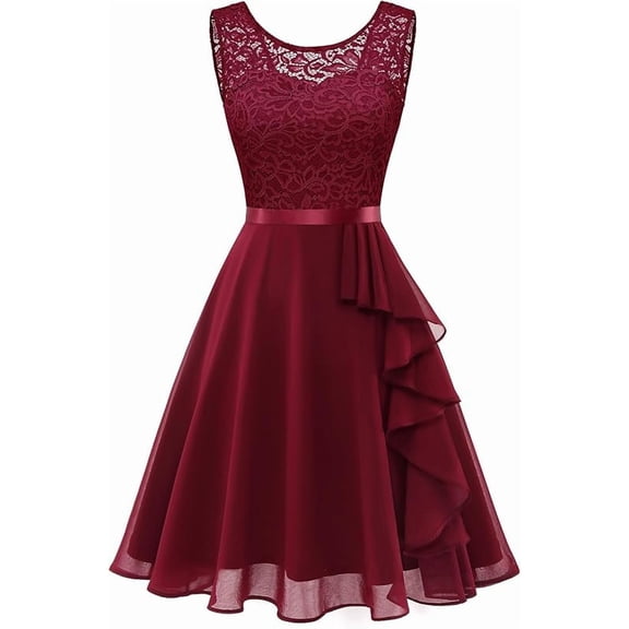 Women's Cocktail Dresses Prom Wedding Guest Short Bridesmaid Dresses Ruffle Hem Sleeveless Lace Formal Dress