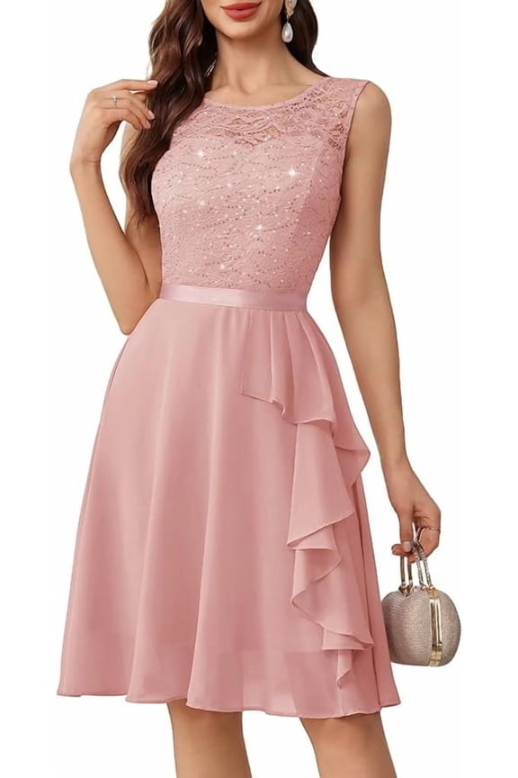 Women's Cocktail Dresses Prom Wedding Guest Short Bridesmaid Dresses Ruffle Hem Sleeveless Lace Formal Dress