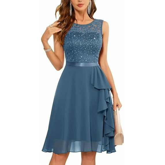 Women's Cocktail Dresses Prom Wedding Guest Short Bridesmaid Dresses Ruffle Hem Sleeveless Lace Formal Dress