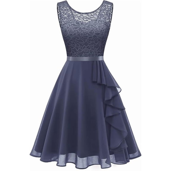 Women's Cocktail Dresses Prom Wedding Guest Short Bridesmaid Dresses Ruffle Hem Sleeveless Lace Formal Dress