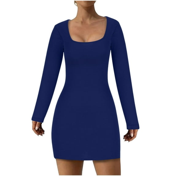 Women's Cocktail Mini Dress Square Neck Long Sleeve Bodycon Lounge Dresses Fall Winter Solid Party Club Pencil Dress