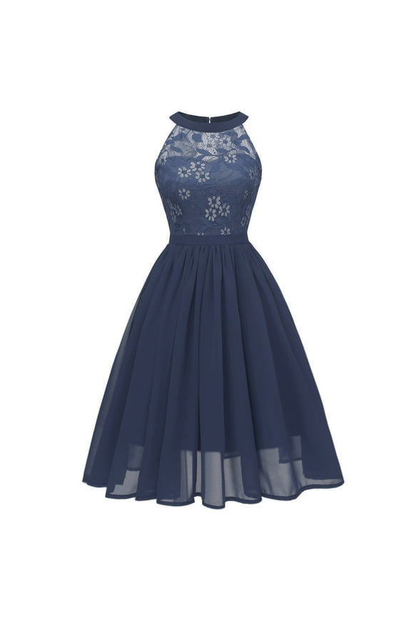Women's Cocktail Vintage Dress Sexy Halter Floral Lace Chiffon Midi Dress Prom Wedding Party Swing Fairy Tea Dress