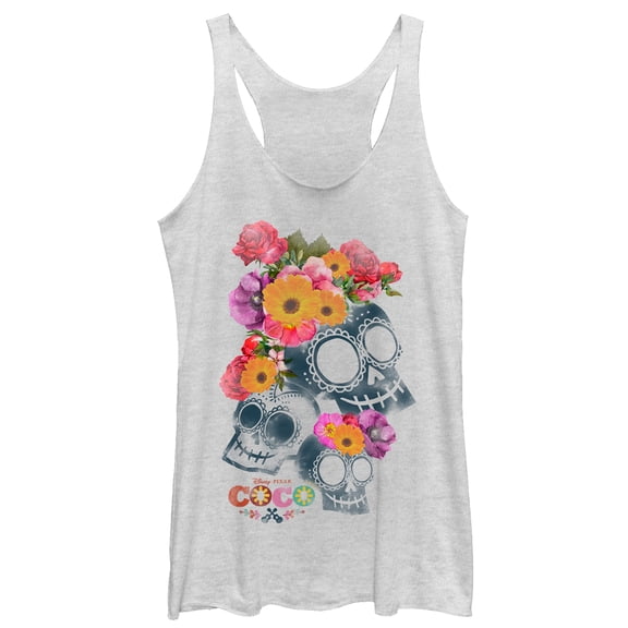 Women's Coco Floral Skeletons Racerback Tank Top White Heather 2X Large
