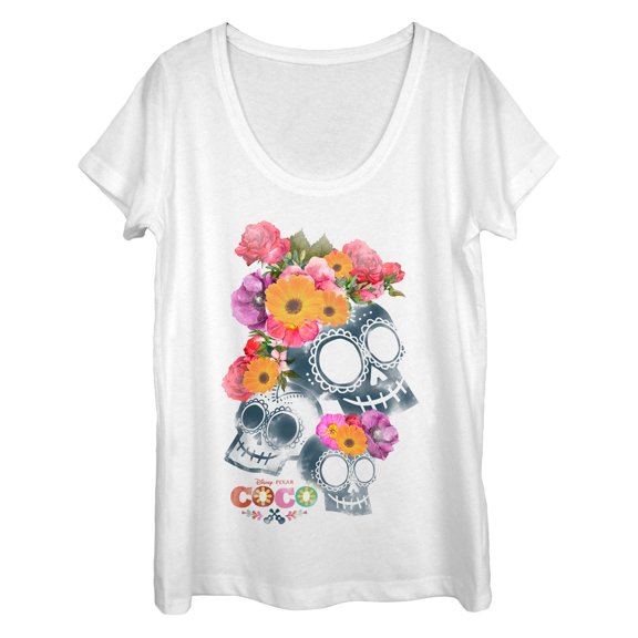 Women's Coco Floral Skeletons Scoop Neck White 2X Large