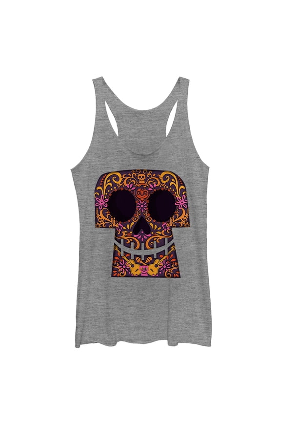 Women's Coco Sugar Skull Grin  Racerback Tank Top Gray Heather Large
