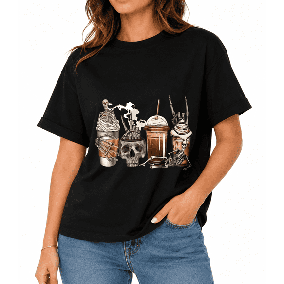 Women's Coffee Bones Halloween Graphic T-Shirt, Fall Party Casual Short Sleeve Tee
