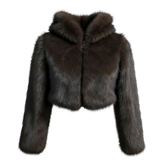 Women's Coffee Faux Fur Coat Hooded Long Sleeve Solid Color Short Warm Loose Coat