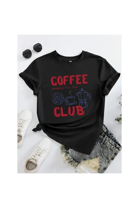 Women's Coffee Lover T-Shirt - Caffeine Club Letter Print - Soft Cotton Casual Tee for Baristas & Daily Wear