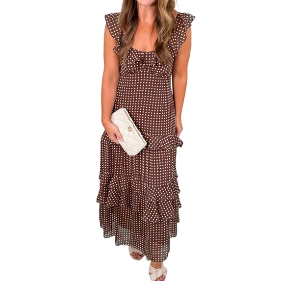 Women's Coffee Polka Dot Print Backless Maxi Dress – Ruffled Summer Style for Daily Wear, XL