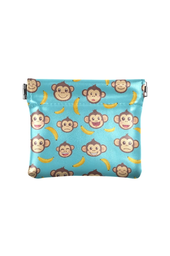 Women's Coin Purse Banana Monkey Face Pattern Small Leather Zipperless Wallet Card Holder Keychain Essentials