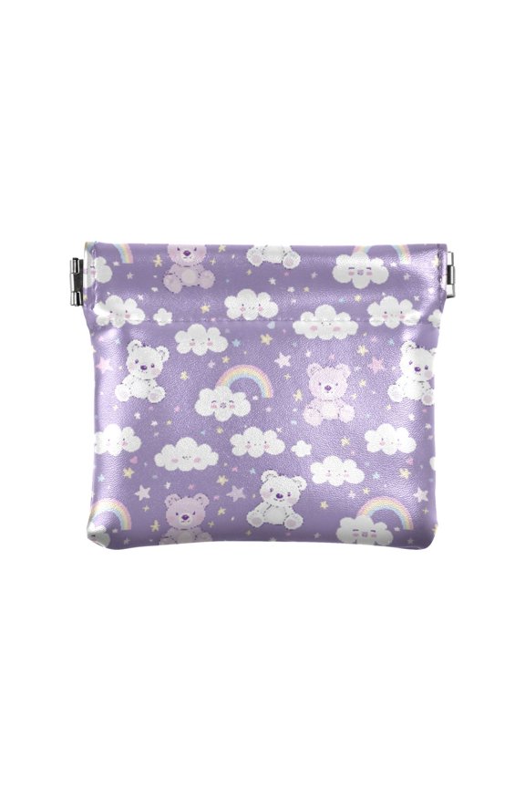 Women's Coin Purse Bear Rainbow Clouds Pattern Small Leather Zipperless Wallet Card Holder Keychain Essentials
