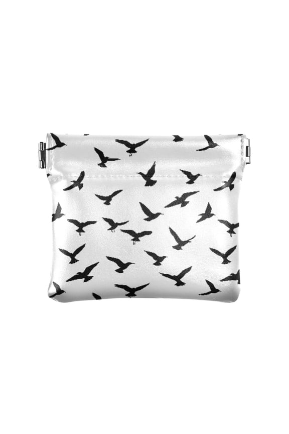 Women's Coin Purse Black Bird Pattern Small Leather Zipperless Wallet Card Holder Keychain Essentials
