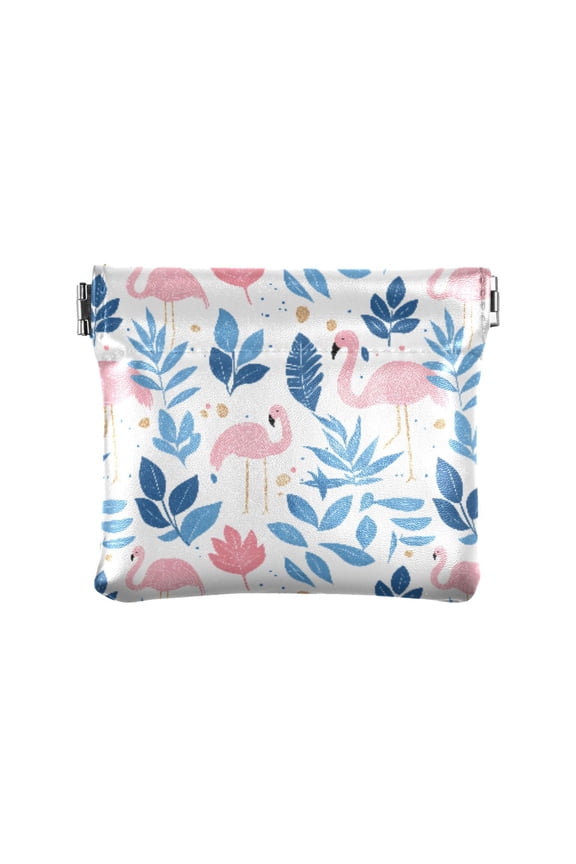 Women's Coin Purse Blue Leaf Flamingo Small Leather Zipperless Wallet Card Holder Keychain Essentials