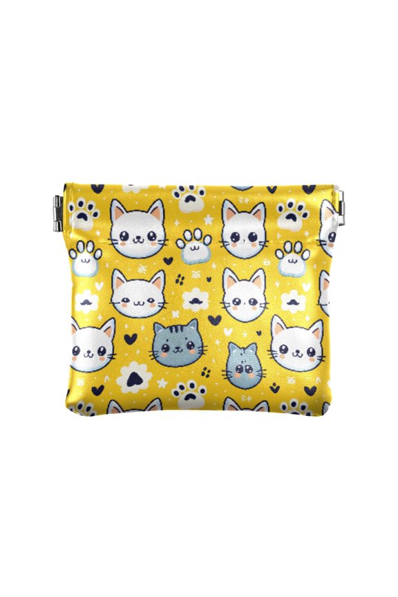 Women's Coin Purse Cartoon Cat and Paw Small Leather Zipperless Wallet Card Holder Keychain Essentials