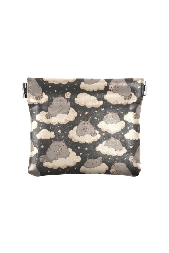 Women's Coin Purse Cat Cloud Pattern Small Leather Zipperless Wallet Card Holder Keychain Essentials