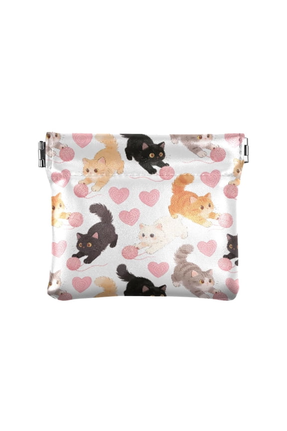Women's Coin Purse Cat Heart Fur Ball Small Leather Zipperless Wallet Card Holder Keychain Essentials