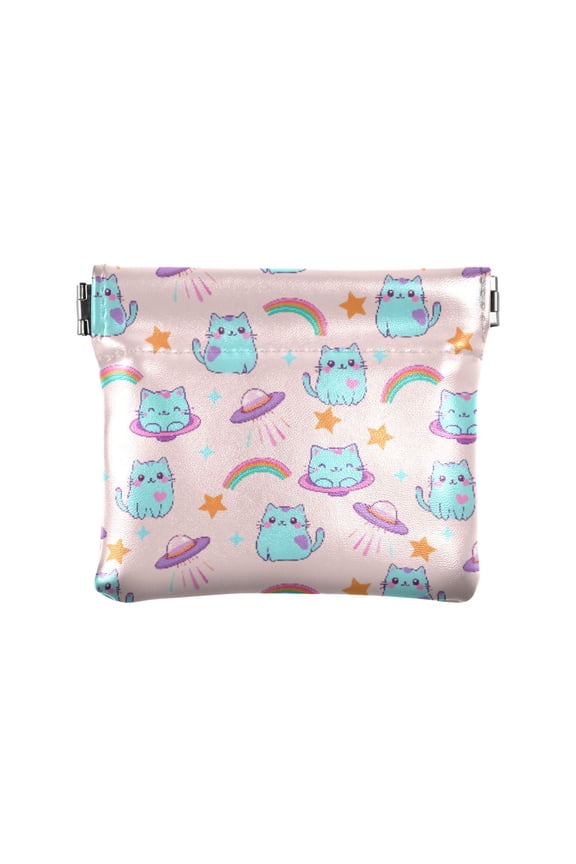 Women's Coin Purse Cat Pattern Small Leather Zipperless Wallet Card Holder Keychain Essentials