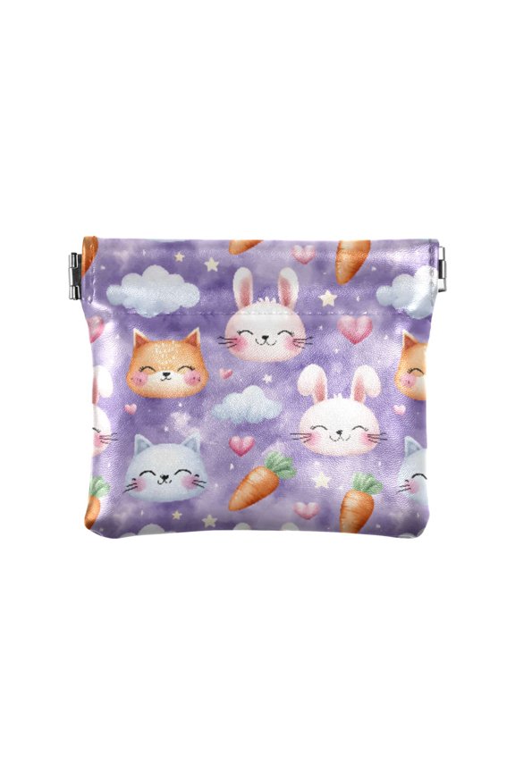 Women's Coin Purse Cat Rabbit Cloud Pattern Small Leather Zipperless Wallet Card Holder Keychain Essentials