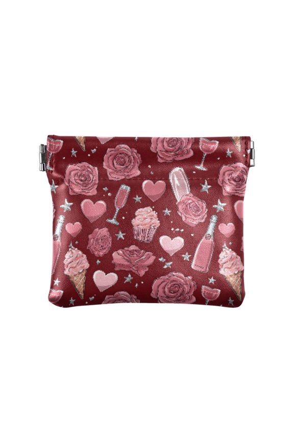 Women's Coin Purse Flowers Wine Love Pattern Small Leather Zipperless Wallet Card Holder Keychain Essentials