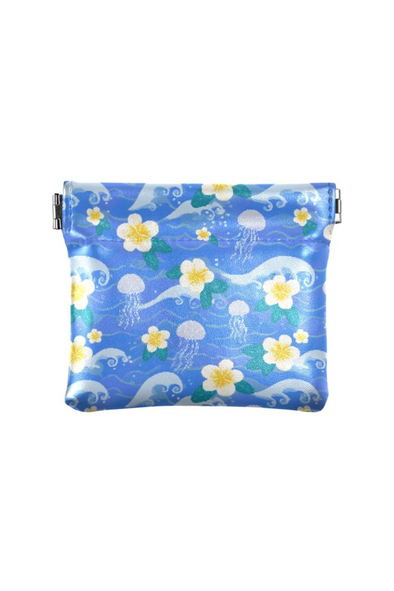 Women's Coin Purse Jellyfish Plumeria Wave Pattern Small Leather Zipperless Wallet Card Holder Keychain Essentials