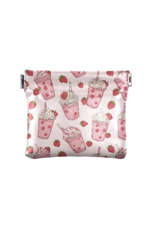 Women's Coin Purse Milk Tea Strawberry Pattern Small Leather Zipperless Wallet Card Holder Keychain Essentials