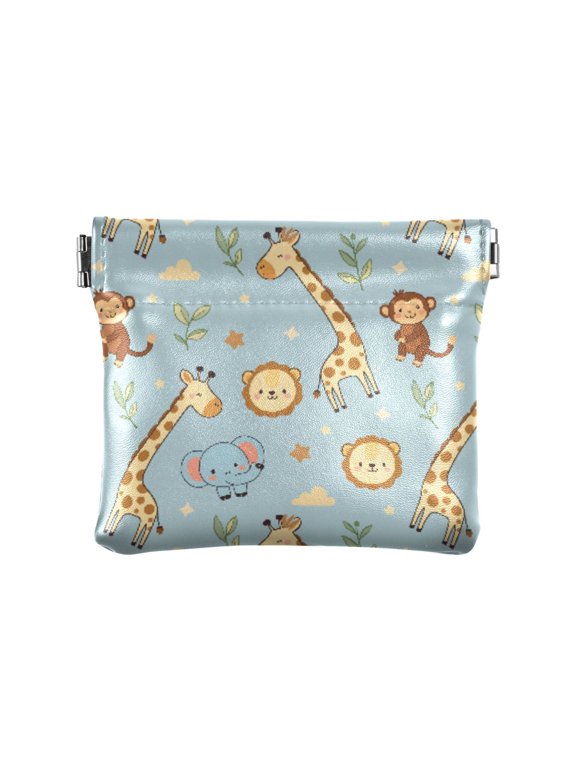 Women's Coin Purse Monkey Elephant Giraffe Pattern Small Leather Zipperless Wallet Card Holder Keychain Essentials