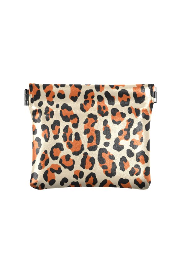 Women's Coin Purse Orange Leopard Pattern Small Leather Zipperless Wallet Card Holder Keychain Essentials