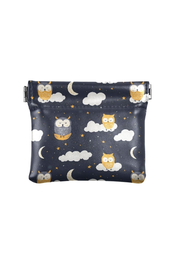 Women's Coin Purse Owls Clouds Pattern Small Leather Zipperless Wallet Card Holder Keychain Essentials
