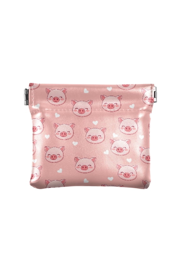 Women's Coin Purse Pink Pig Heart Pattern Small Leather Zipperless Wallet Card Holder Keychain Essentials