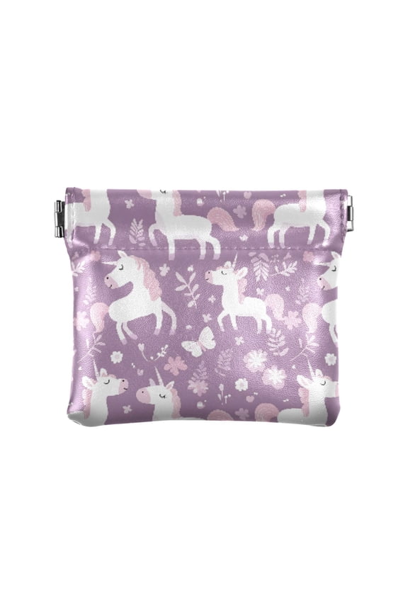Women's Coin Purse Purple Cartoon Unicorns Pattern Small Leather Zipperless Wallet Card Holder Keychain Essentials