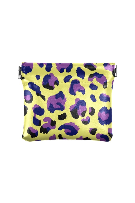 Women's Coin Purse Purple Leopard Pattern Small Leather Zipperless Wallet Card Holder Keychain Essentials