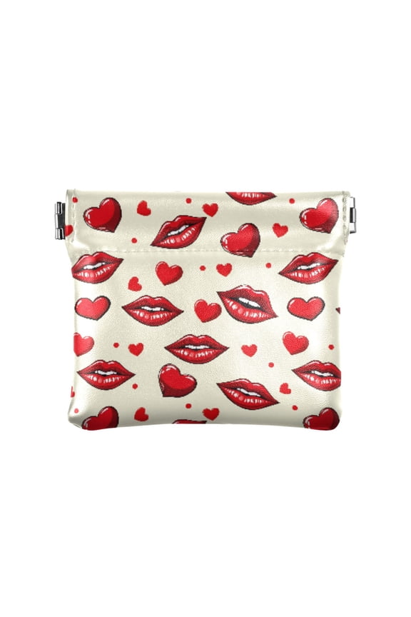 Women's Coin Purse Red Lips Heart Shaped Pattern Small Leather Zipperless Wallet Card Holder Keychain Essentials