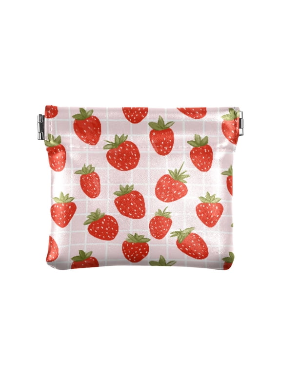 Women's Coin Purse Strawberry Pattern Small Leather Zipperless Wallet Card Holder Keychain Essentials