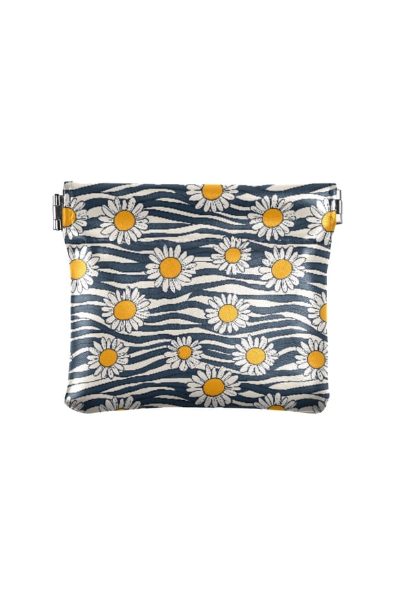 Women's Coin Purse Striped Daisy Pattern Small Leather Zipperless Wallet Card Holder Keychain Essentials