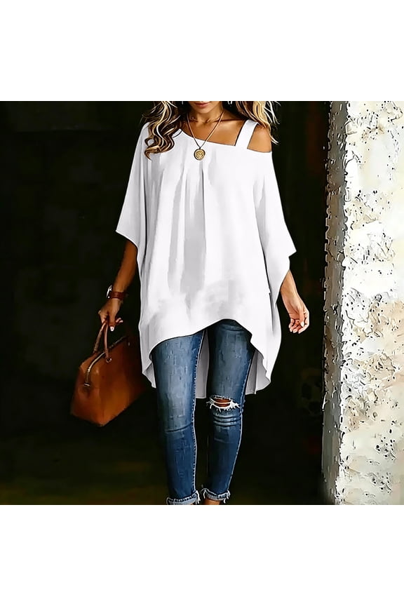 Women's Cold Shoulder Batwing Half Sleeve Tunic Top Loose Oversized High-Low Asymmetric Hem Solid Casual Summer Blouse White L