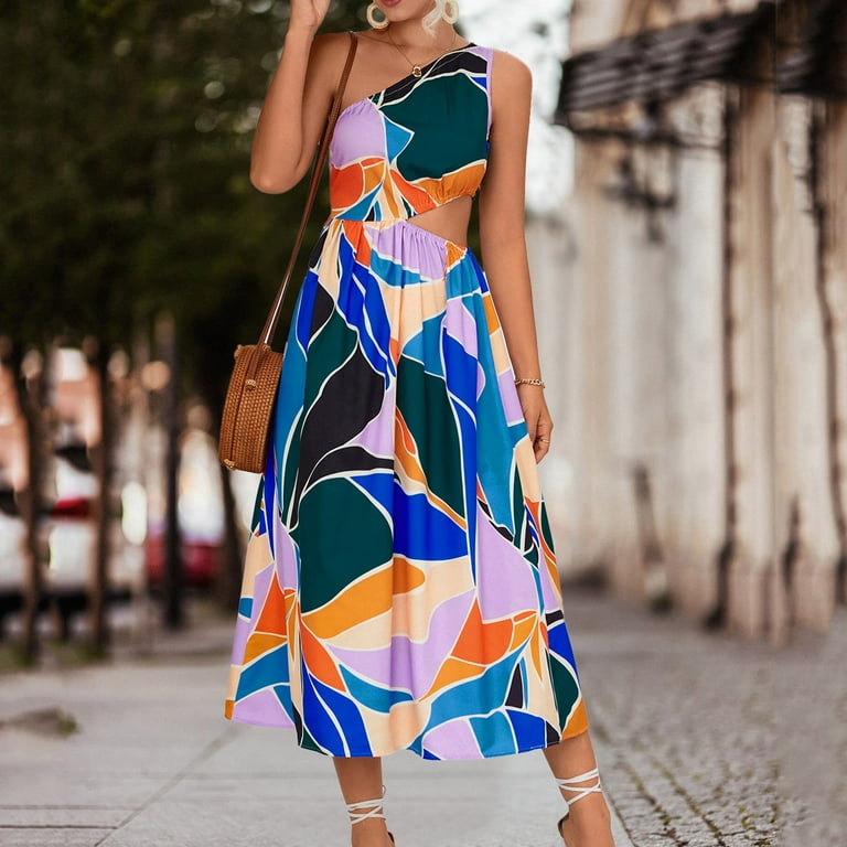 Fashion One Shoulder Sleeveless Color Block Maxi Dress