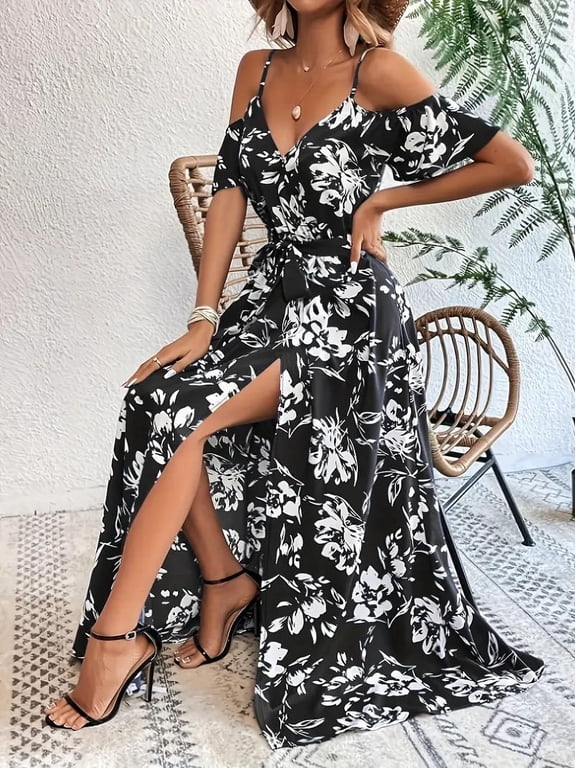 Women's Cold Shoulder Floral Maxi Dress, V-Neck Belted Split Summer Long Dress