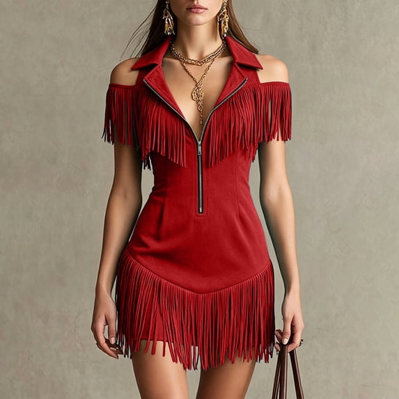 Women's Cold Shoulder Fringe Mini Dress, Collared Half Zip Front Suede Texture Slim Fit Western Party Outfit, formal Cocktail Dresses for Women Red XL