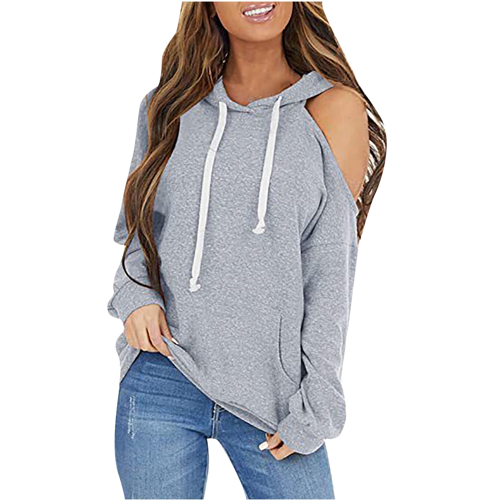 Women's Cold Shoulder Hooded Sweatshirt Casual Drawstring Long Sleeve Cut  Out Soild Pullover T Shirts Hoodies with Kangaroo Pockets - Walmart.com