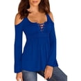 thumbnail image 1 of Women's Cold Shoulder Lace Up Casual Tunic Solid Blouse Tops, 1 of 5