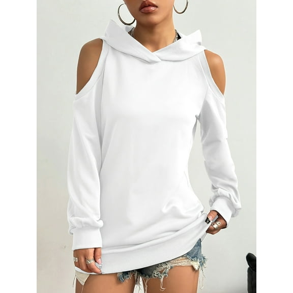Women's Cold Shoulder Long Sleeve Hoodie Sweatshirt - Casual Pullover Top