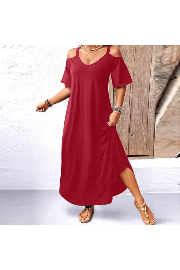 Women's Cold Shoulder Maxi Dress V Neck Short Sleeve High Split Hem Loose Fit Casual Long Dress Flattering T Shirt Style Lounge Dress For Summer Party Daily Wear