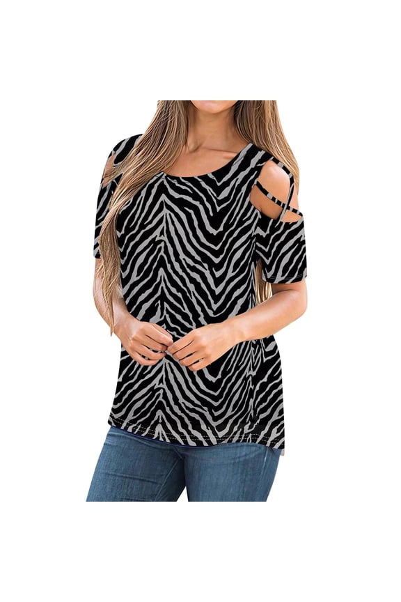 Women's Cold Shoulder Shirts Plus Size Zebra Striped Tee Criss Cross Cut Out Short Sleeve Top for Going Out Wear
